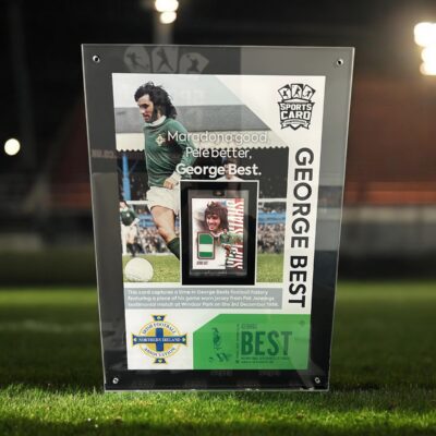 George Best /2 game worn jersey patch card in bespoke display case